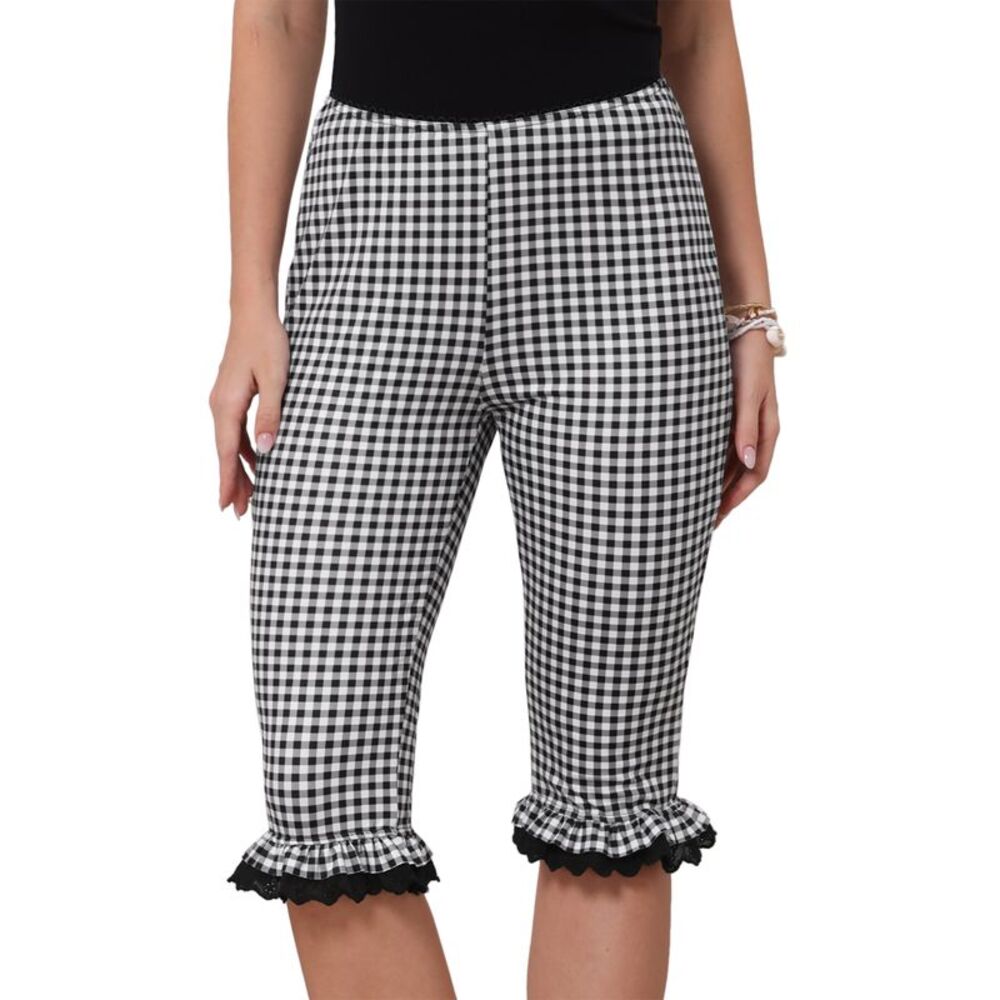 Women Low Waist Gingham Cropped 3/4 Knee Length Capri Pants Black